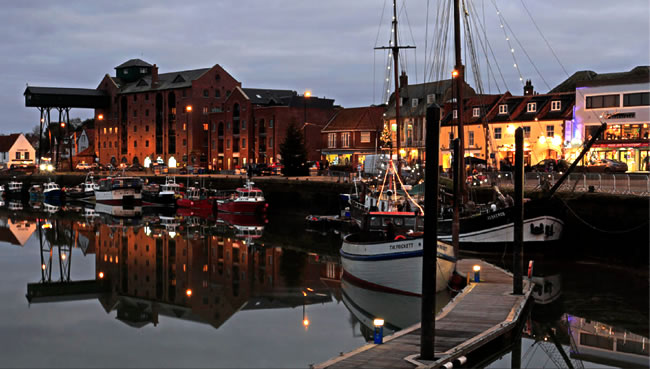 Photograph taken at evening of the harbour at Wells-next-the-sea, just along the North Norfolk coast from Church Cottage Langham